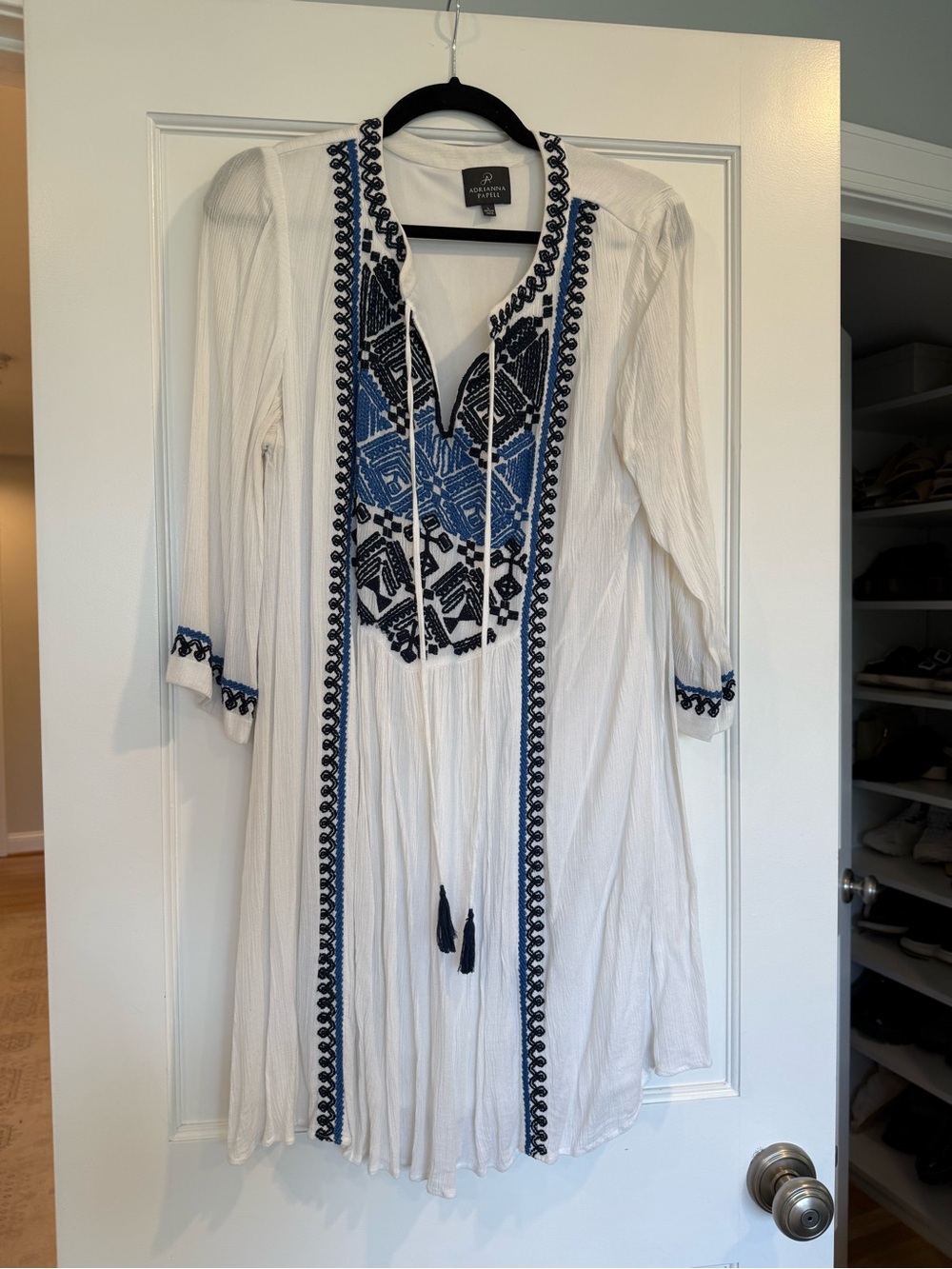 Adrianna Papell White Mini Dress with Blue and Black Embroidery